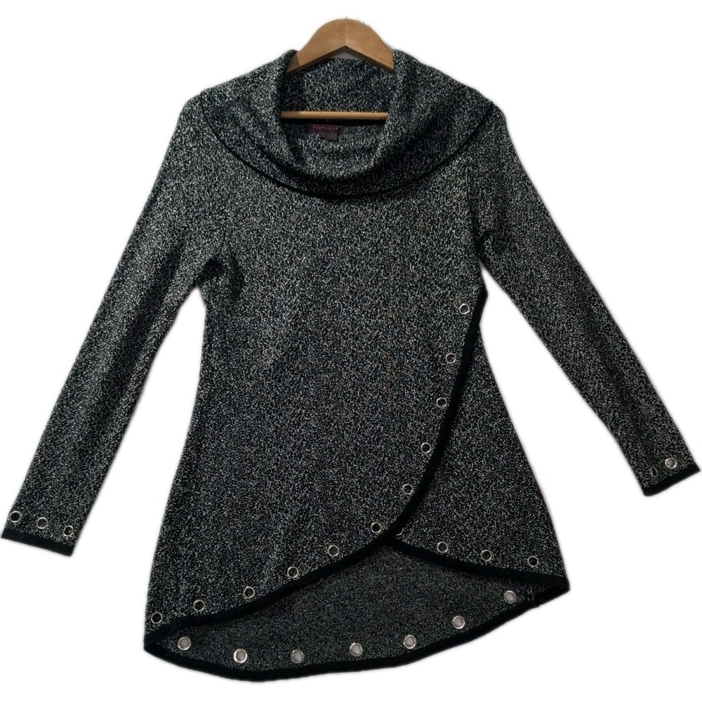 Fontana Black White Cowl Neck Sweater Tunic Top Grommets Size S Sparkle